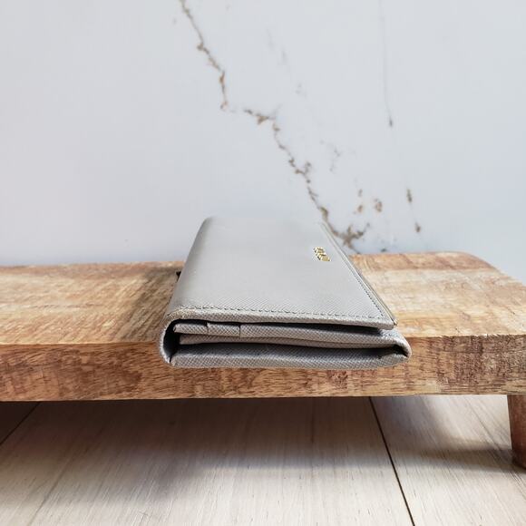 Prada Grey Saffiano Leather Continental Wallet Flap Bifold Gold Logo Long Italy - Picture 7 of 15